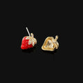Cute Red Strawberry Gold Tone Enamel Rhinestone Luxury Fruit Stud & Clip On No Piercing Earrings