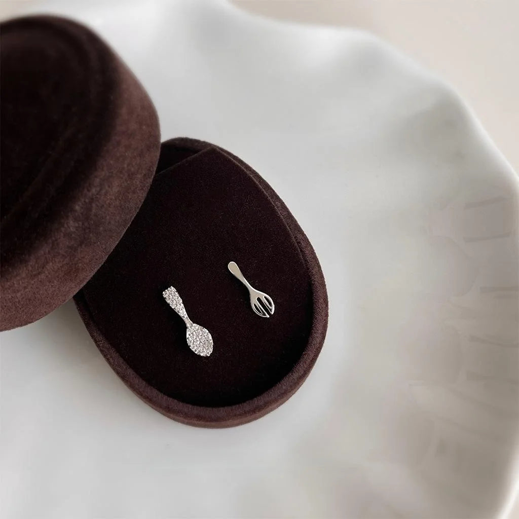 Cute Asymmetric Spoon Fork Stud Earrings Copper Micro Pave Zircon Mini Jewelry