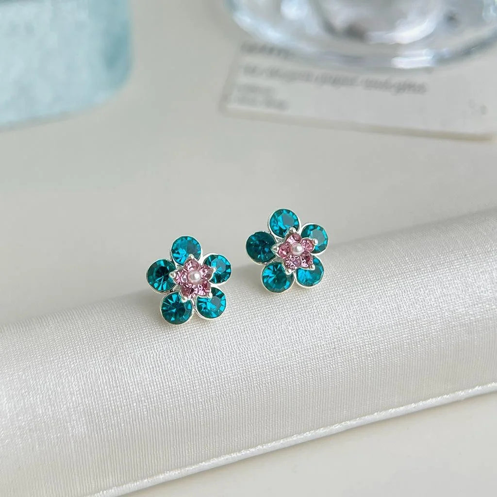 Ocean Blue Glass Crystal Flower Drop Earrings Copper Fresh Sweet Beach Vacation Jewelry