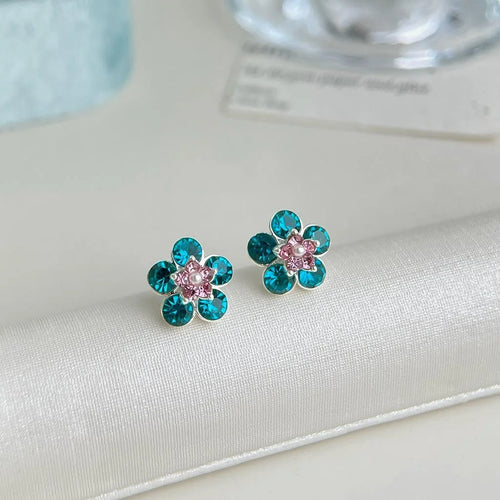 Ocean Blue Glass Crystal Flower Drop Earrings Copper Fresh Sweet Beach Vacation Jewelry