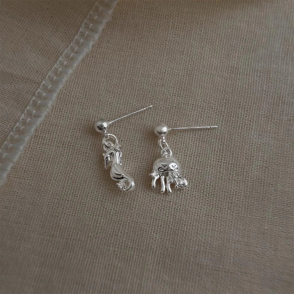 Cute Copper Seahorse Jellyfish Drop Earrings, Style Minimalist Ocean Animal Jewelry