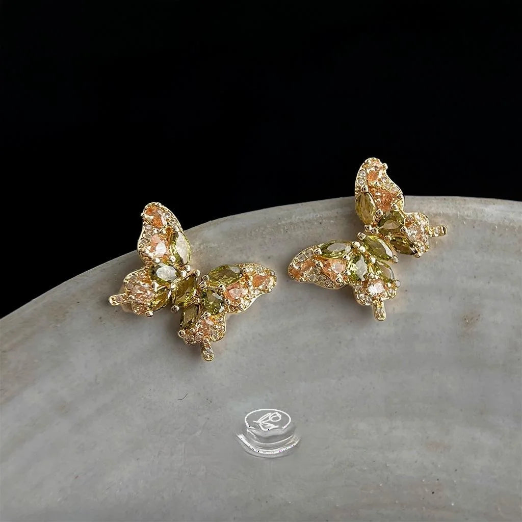 Sparkling Full Zircon Butterfly Stud Earrings Silver Plated Copper Forest Sweet Summer Jewelry