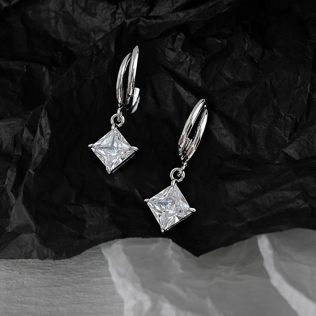 Minimalist OL Double Layer Square Zircon Copper Drop Earrings For Women