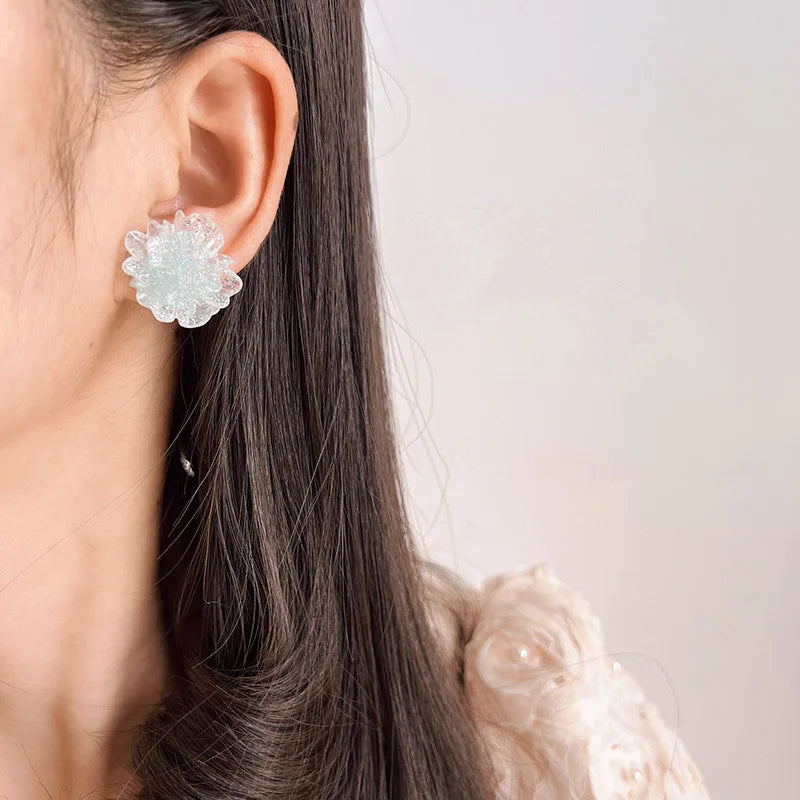 Elegant Translucent Blue Crystal Flower Stud & Clip On No Piercing Fresh Fairy Floral Earrings