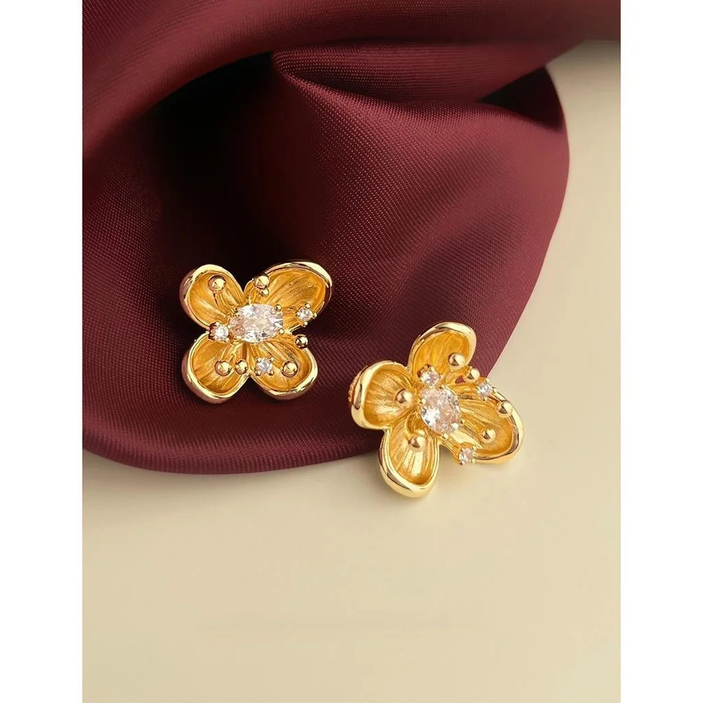 Vintage Ethnic Plum Blossom Zircon Stud Earrings With 14K Plated Copper