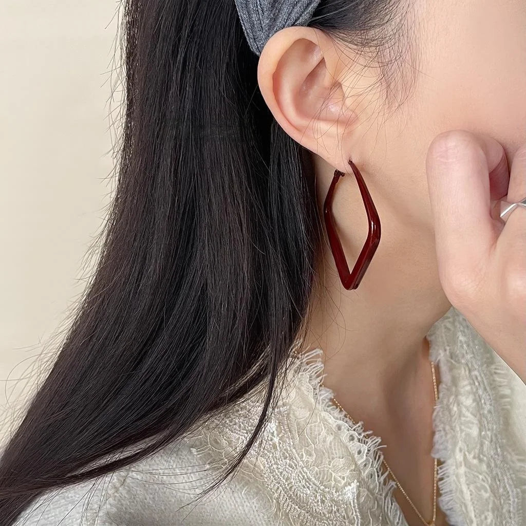 Vintage Hong Kong Style Red Enamel Geometric Square Metal Drop Earrings, Minimalist Ring Design