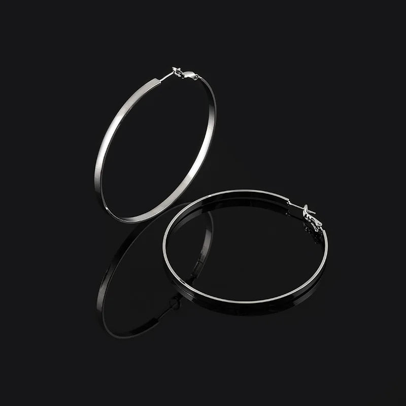 Silver Alloy 6cm Oversized Spiral Disc Hoop Stud & Clip On No Piercing Statement Earrings