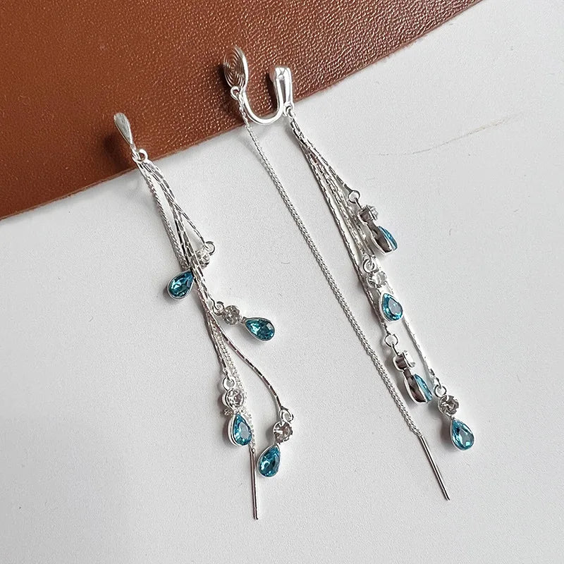Elegant Blue Crystal Water Drop Long Tassel Threader Stud & Clip On No Piercing Alloy Earrings