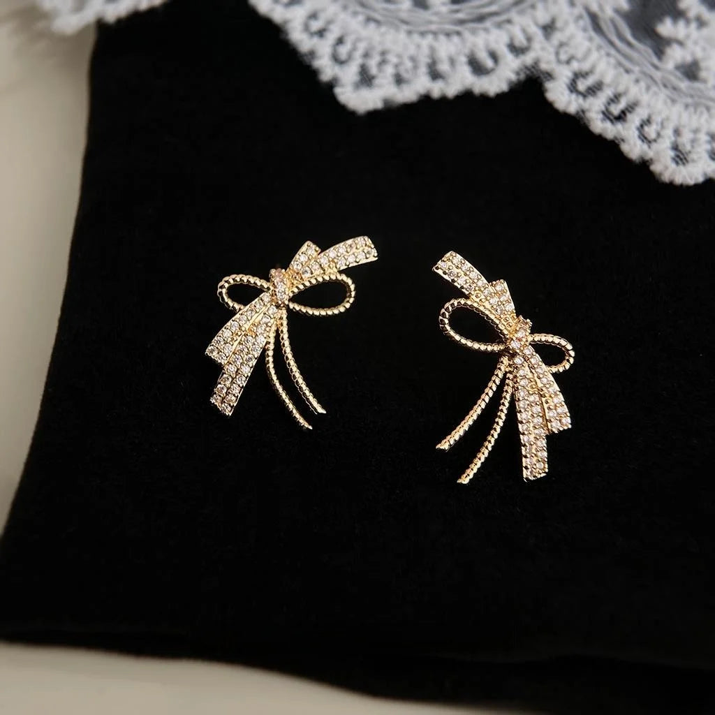 Micro Pave Zircon Bow Knot Stud Earrings Copper Minimalist Ribbon Design Versatile Jewelry
