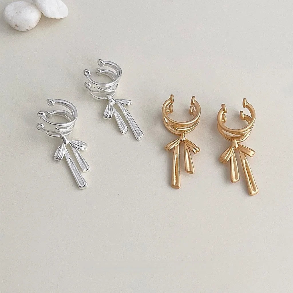 Designer Copper Bow Clip On Drop Earrings, No Piercing Style Ear Cuff Jewelry For Women