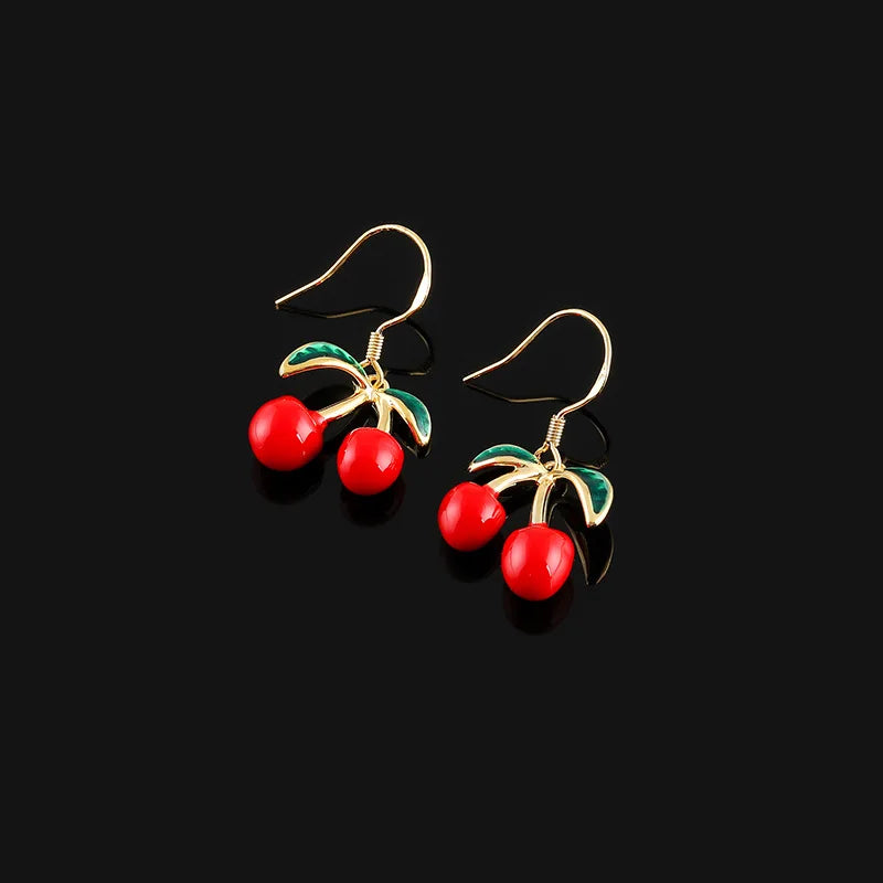 Sweet Red Cherry Enamel Alloy Dangle Stud & Clip On No Piercing Elegant Summer Fruit Earrings