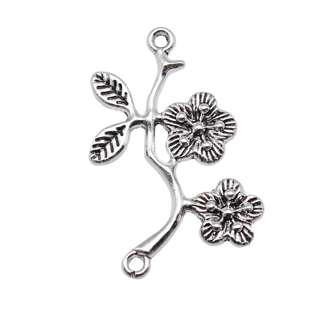 32x24mm 1.5g Antique Silver Zinc Alloy Flower Branch Pendant Connector Charm for DIY Jewelry Making