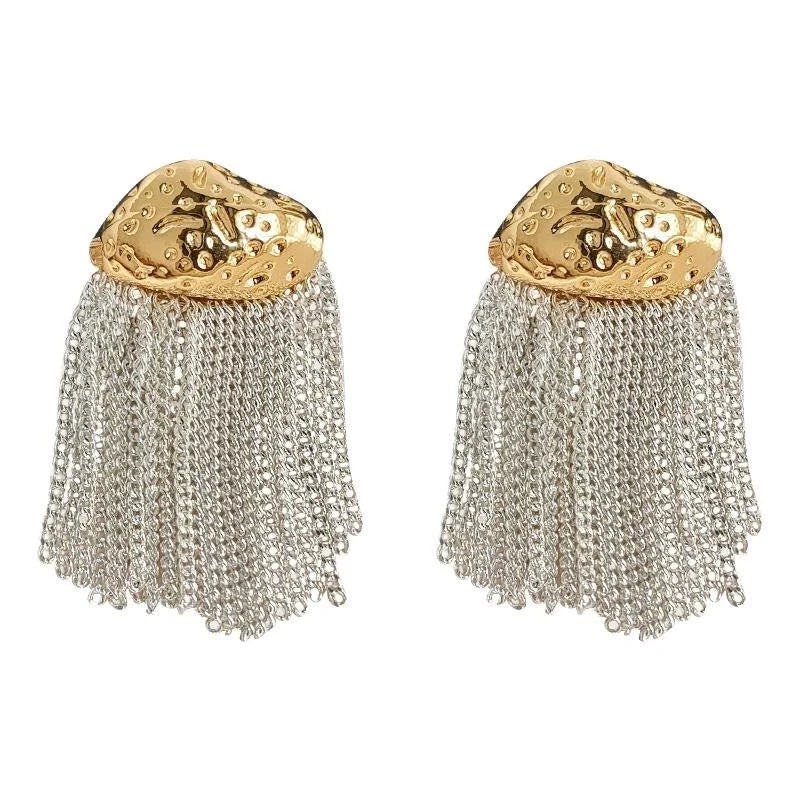 Elegant Geometric Metal Block Tassel Drop Earrings Copper Silver Plated Pin Evening Jewelry