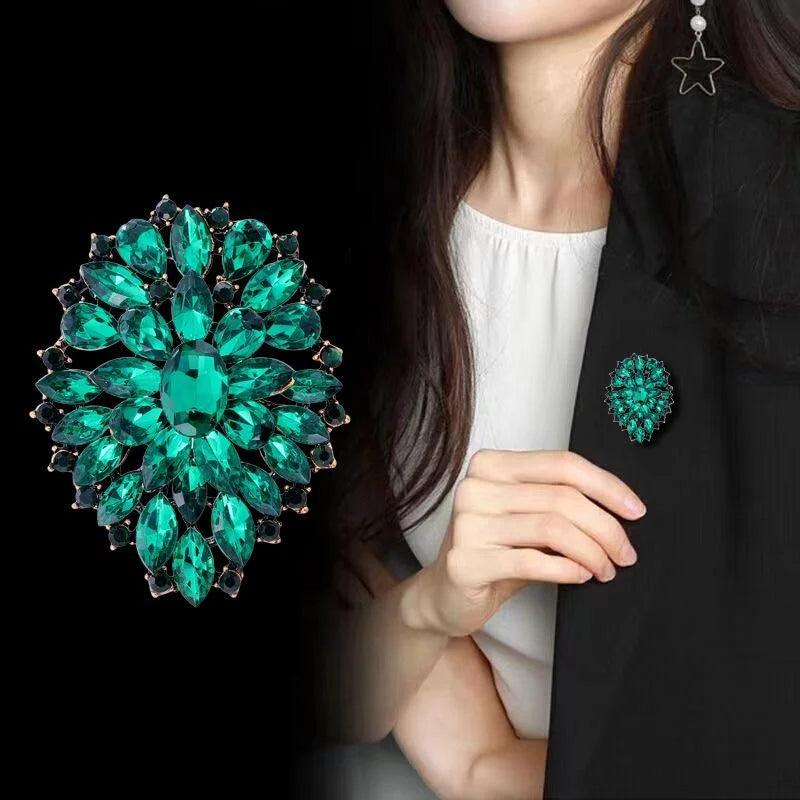 Luxury Blue Crystal Flower Brooch, Exaggerated Alloy Rhinestone Corsage Lapel Pin For Women's Suits