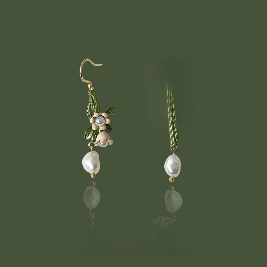 Freshwater Pearl Silver Plated Lily Of The Valley Asymmetric Drop Earrings French Handmade Jewelry