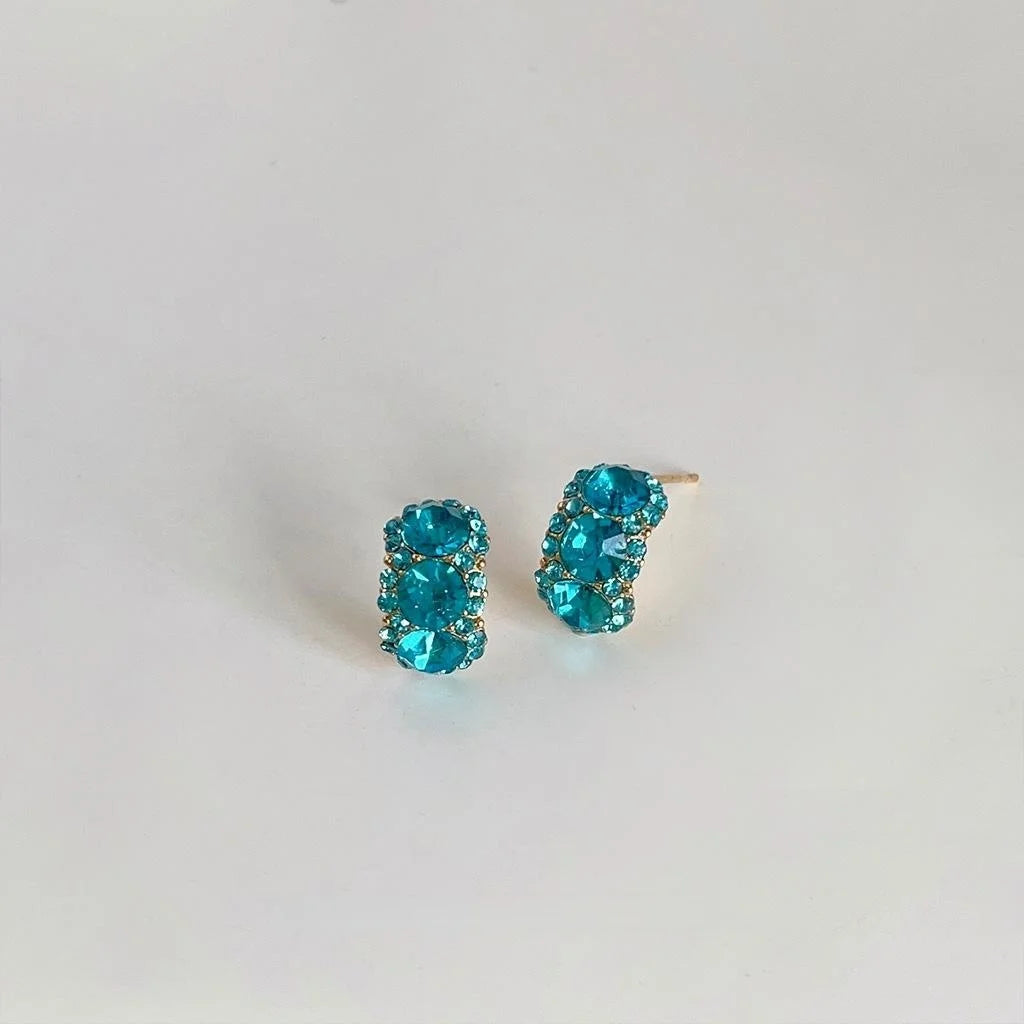 Sweet Cool Semi Curved Green Glass Rhinestone 14K Plated Copper Oval Stud Earrings For Women