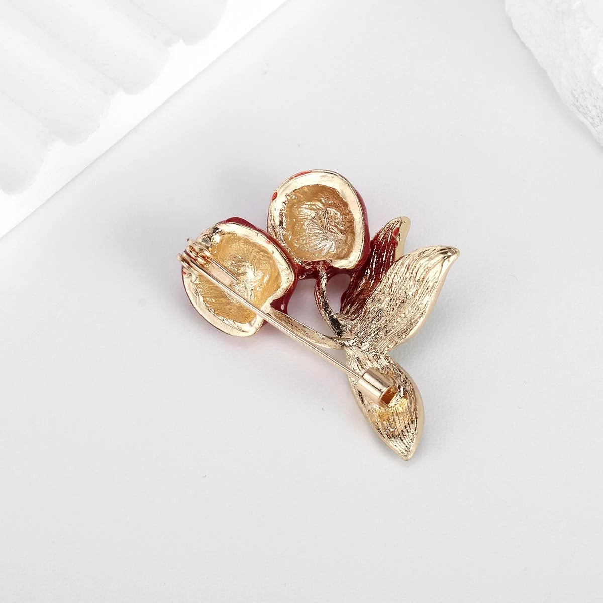 Cute Enamel Cherry Fruit Brooch With Glossy Green Leaves, Luxury Lapel Pin Corsage For Sweater Suit Gift