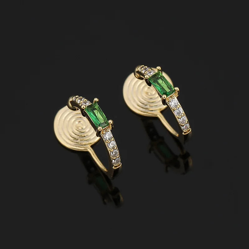 Elegant Green Zircon Spiral Hoop Stud & Clip On No Piercing Gold Alloy Rhinestone Ear Cuff Earrings