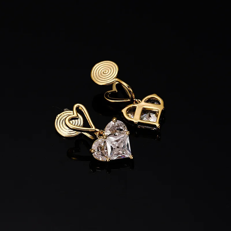 Elegant Heart Zircon Alloy Spiral Stud & Clip On No Piercing Gold Plated Fashion Jewelry Earrings
