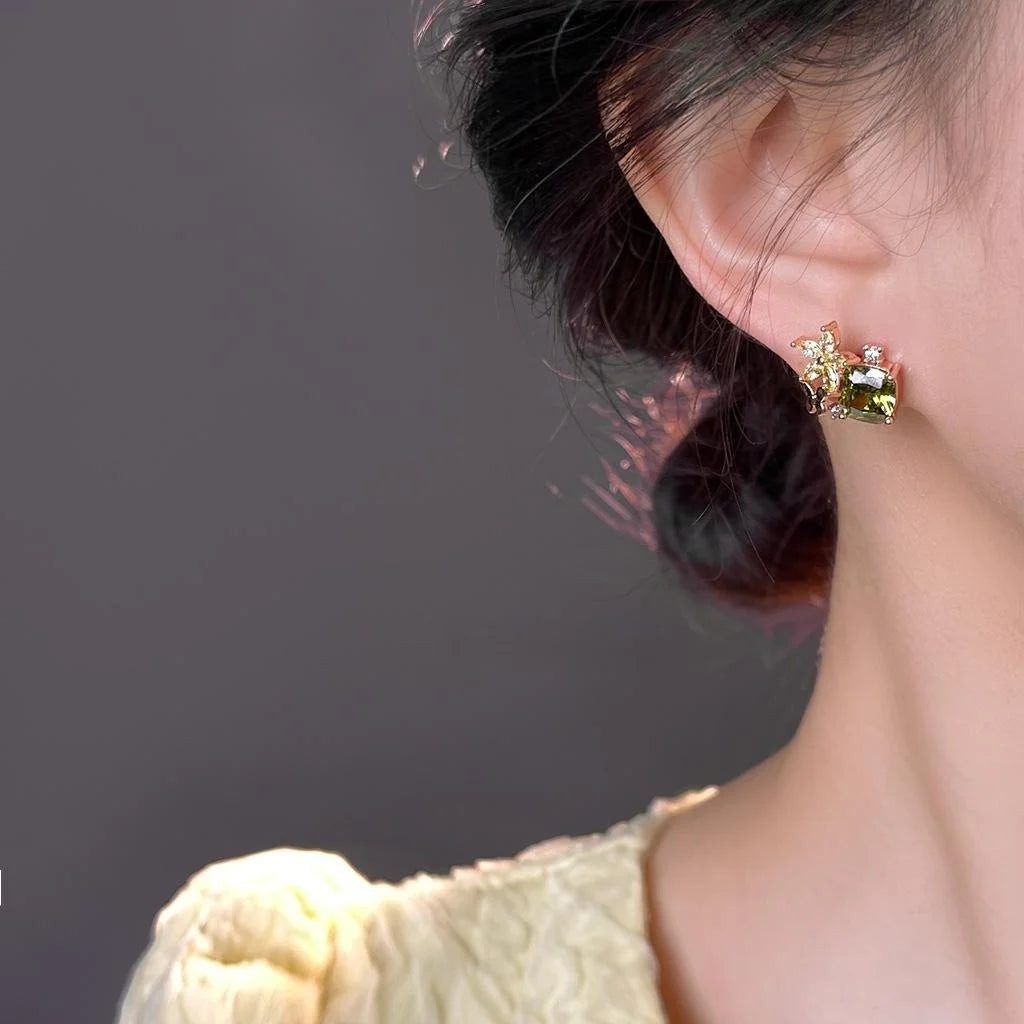 Sweet Olive Green Zircon Flower Butterfly 14K Plated Copper Stud Earrings