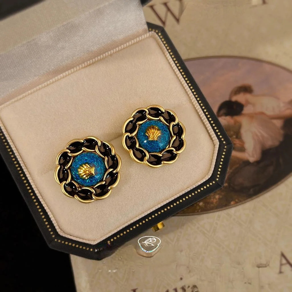 Vintage Enamel Glazed Black Round Geometric Copper Drop Earrings