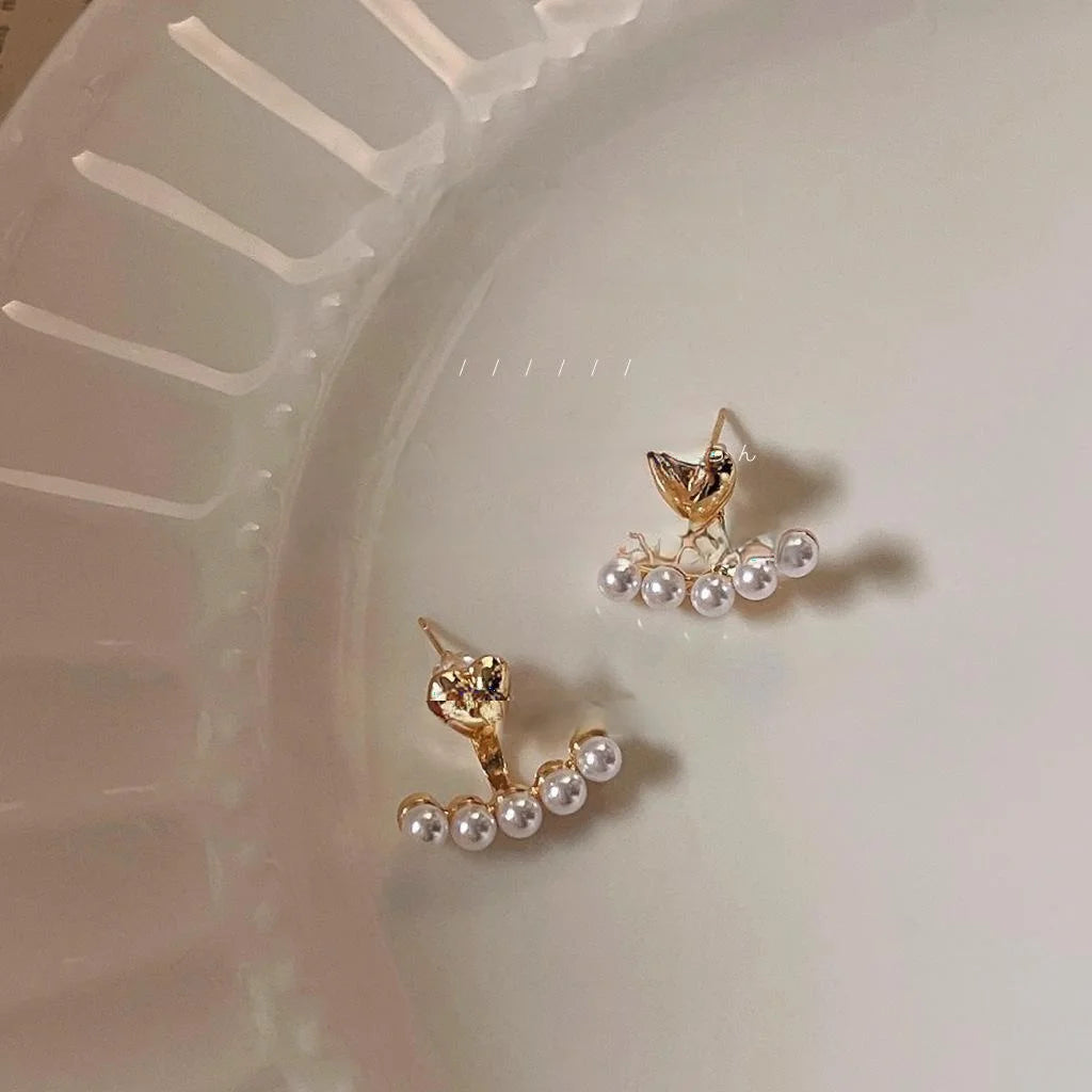 14K Plated Copper Heart Pearl Stud Earrings For Women, Korean Minimalist Two-Way Ear Jewelry