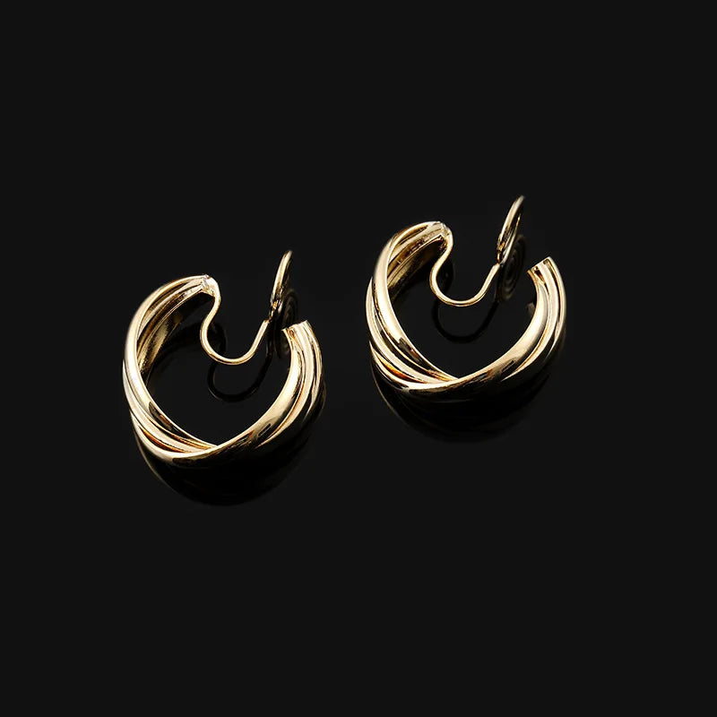 Vintage Gold Alloy Twisted Hoop Circle Stud & Clip On No Piercing Minimalist Metal Earrings