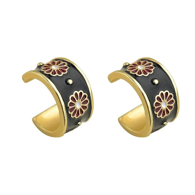 Vintage Japanese Style Copper Daisy Semi Circle Enamel Stud Earrings For Women