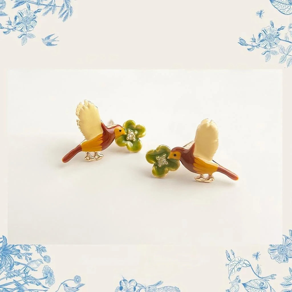 Elegant Enamel Glazed Copper Bird Flower Stud Earrings With Silver Plated Pins