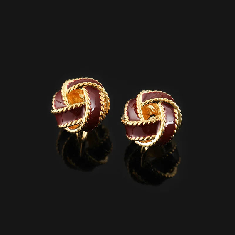 Vintage Red Enamel Concentric Knot Alloy Stud & Clip On No Piercing Luxury Holiday Earrings