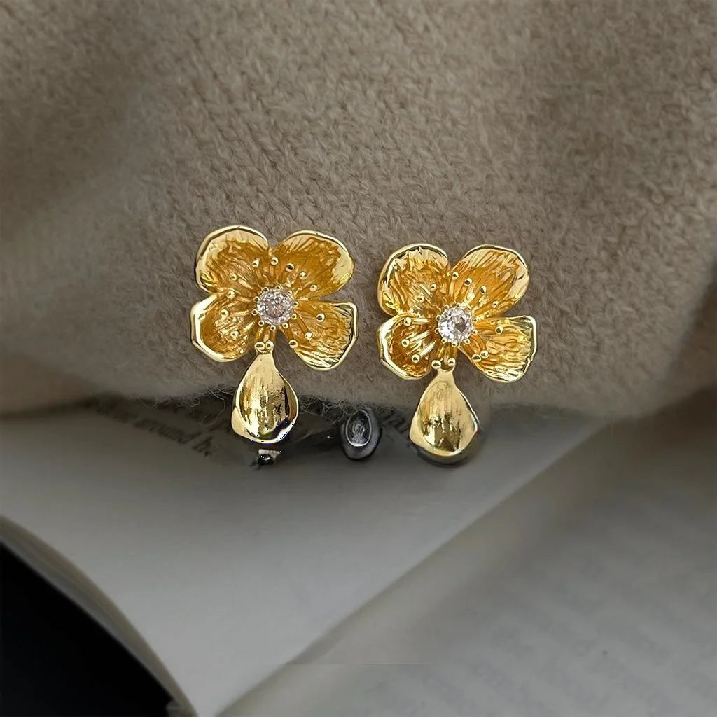 Vintage Floral Micro Pave Zircon Copper Drop Earrings