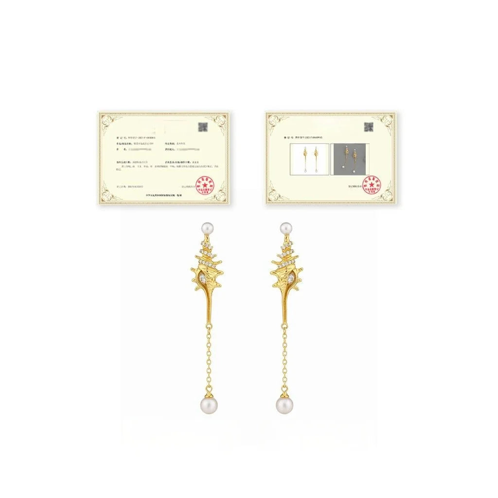 Sweet Conch Shell Copper Drop Earrings With Zircon Micro Pave, Pearl Accent