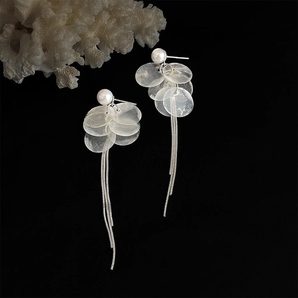 Natural Shell Long Tassel Drop Earrings, Geometric Round Designer Vacation Style Jewelry