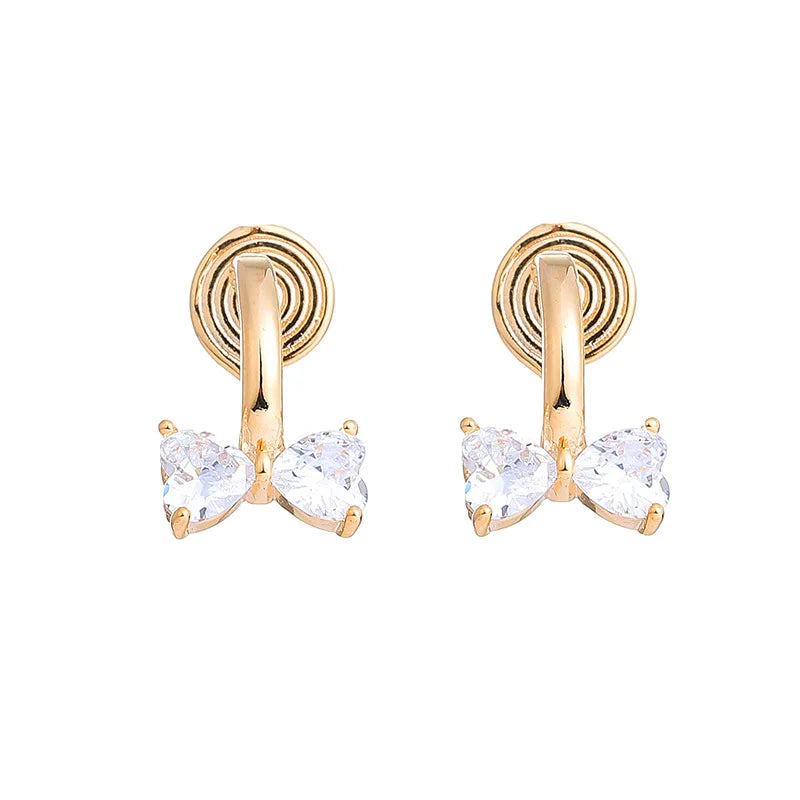 Elegant Gold Alloy Zircon Bow Hoop With Spiral Disc Stud & Clip On No Piercing Women's Fashion Earrings