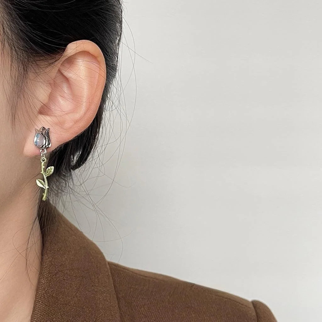 Sweet Cool Copper Tulip Rose Flower Drop Earrings Handmade Futuristic Minimalist Jewelry