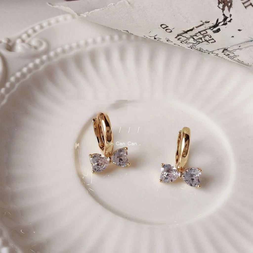 French Elegant 14K Gold Plated Copper Zircon Bow Drop Earrings For Women