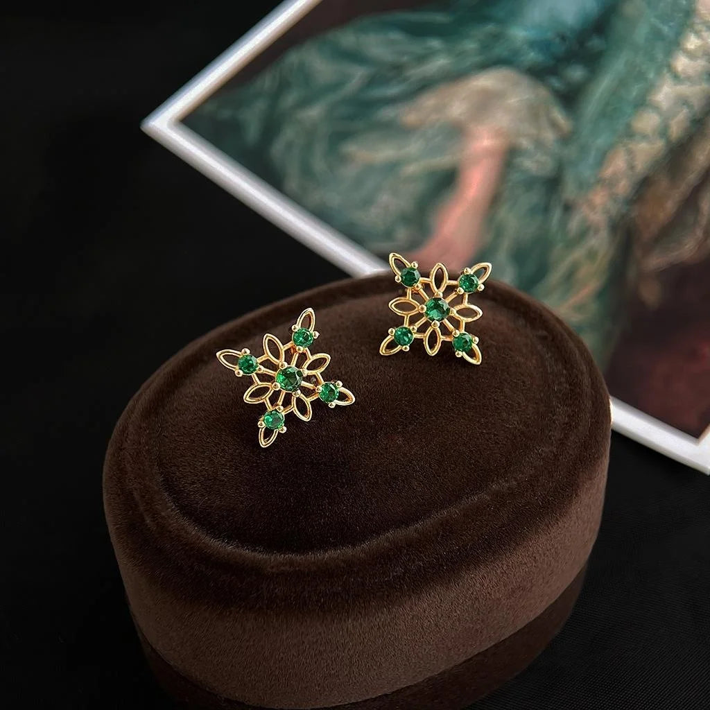 14K Gold Plated Copper Micro Pave Emerald Zircon Hollow Star Flower Stud Earrings