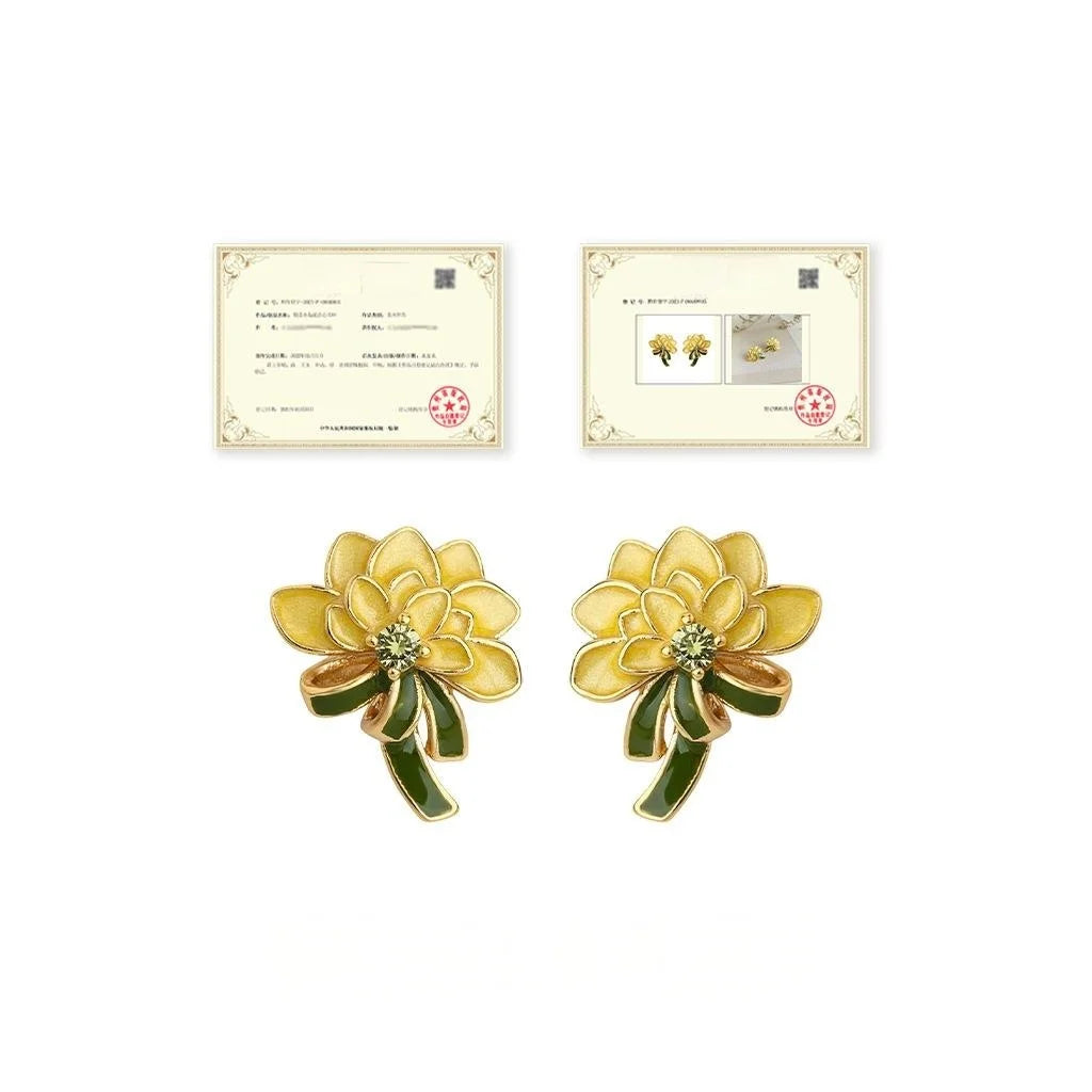 Hand Painted Drip Glaze Zircon Floral Stud Earrings Pastoral Chrysanthemum Marigold Design