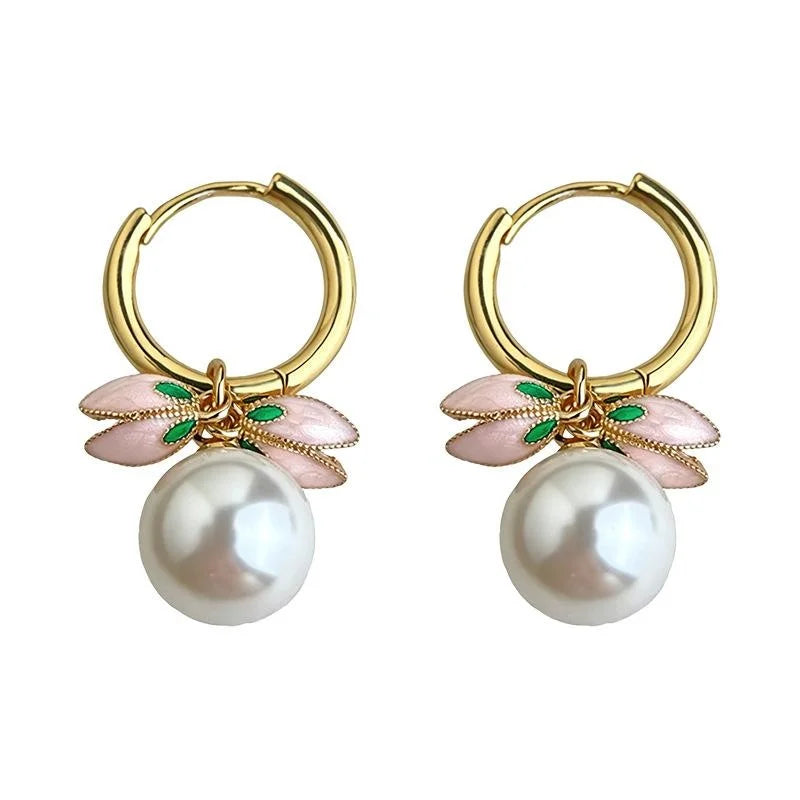 French Elegant Tulip Enamel Copper Glass Pearl Drop Earrings Sweet Pink Flower Jewelry
