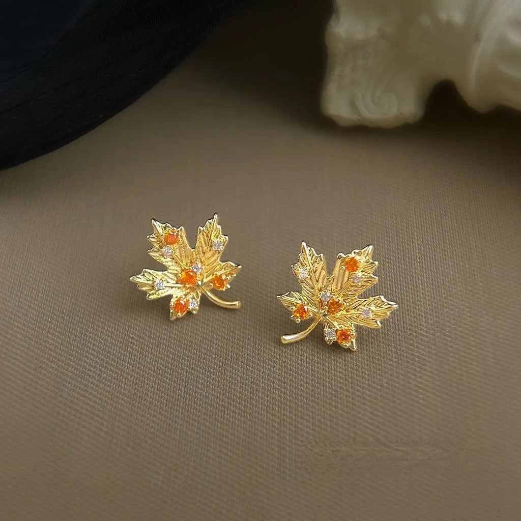 Designer Maple Leaf Micro Pave Zircon Copper Stud Earrings, Elegant Fall Style