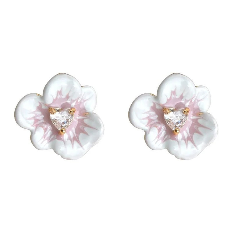 Sweet Enamel 3D Flower Stud Earrings Copper Micro Pave Zircon Office Jewelry