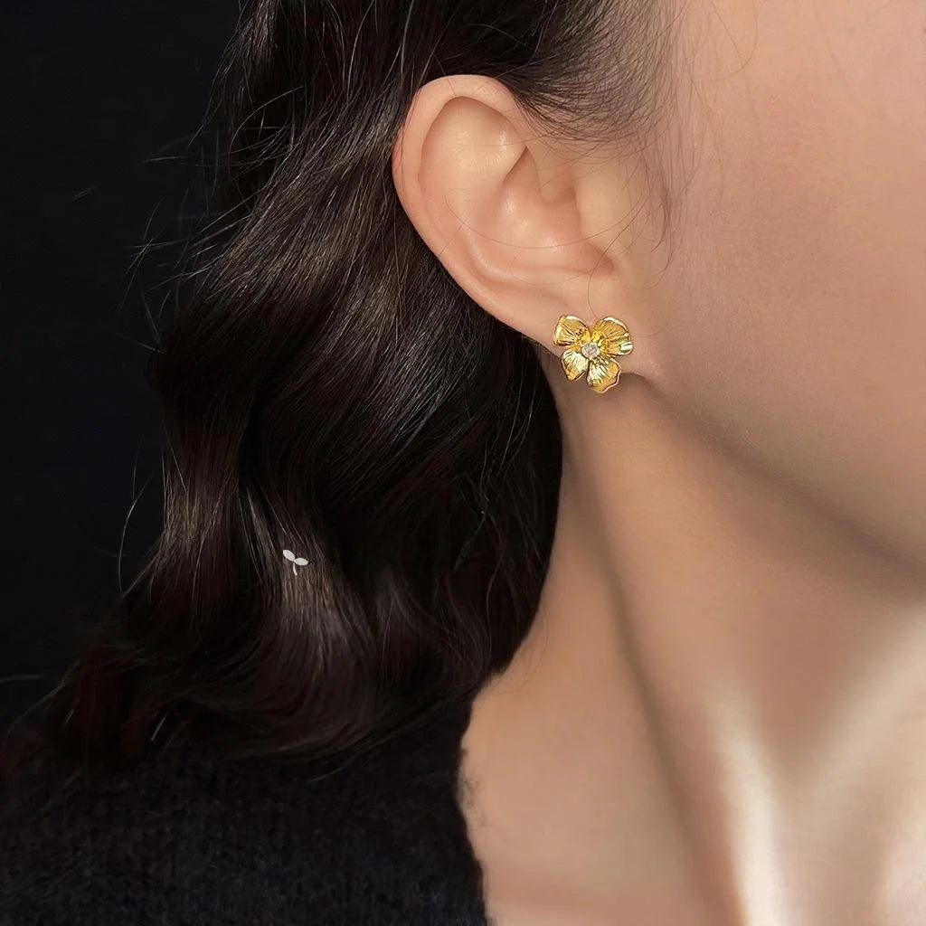 Original Designer 18K Gold Plated Copper Zircon Flower Stud Earrings