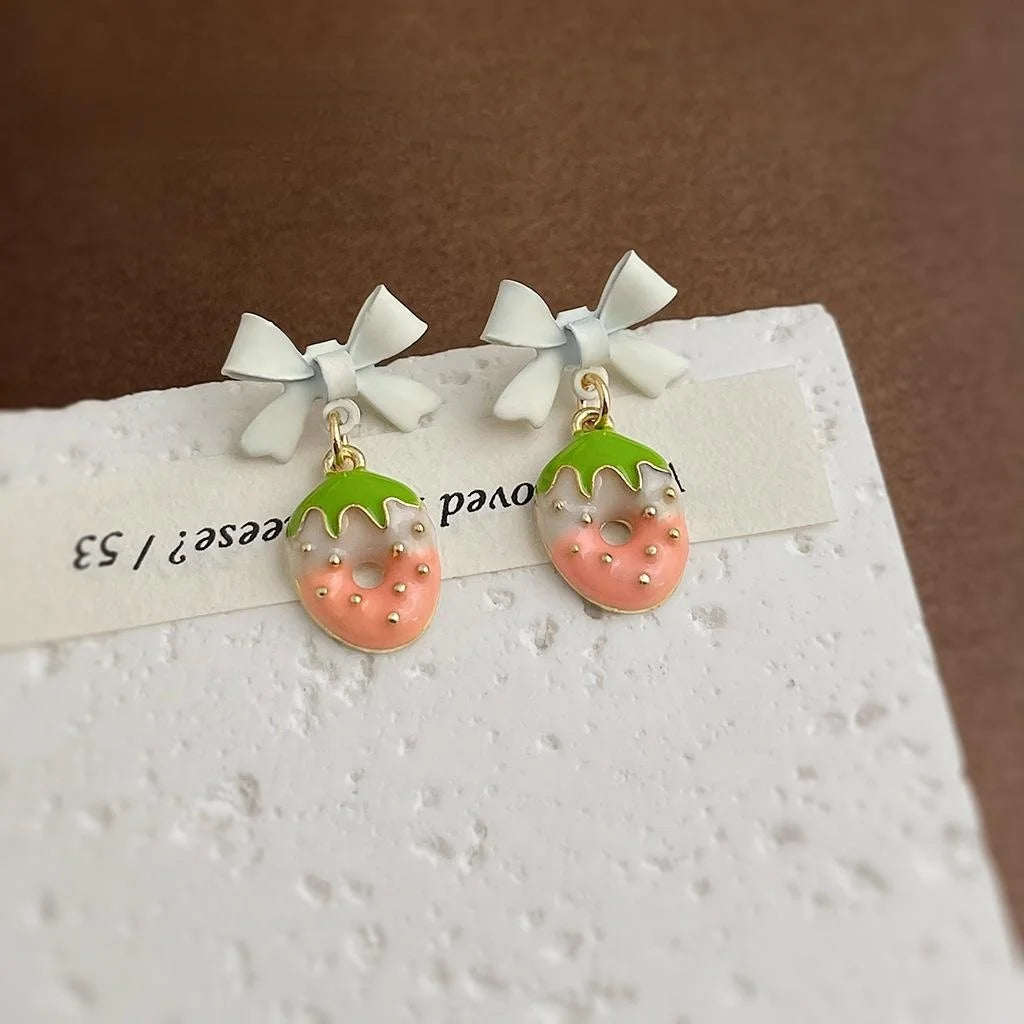 Sweet Strawberry Bow Drop Earrings Copper Summer Cute Jewelry