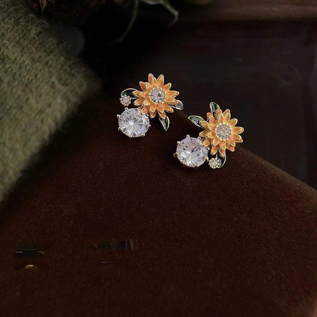 Vintage Sunflower Enamel Copper Drop Earrings With Micro Pave Zircon Floral Design