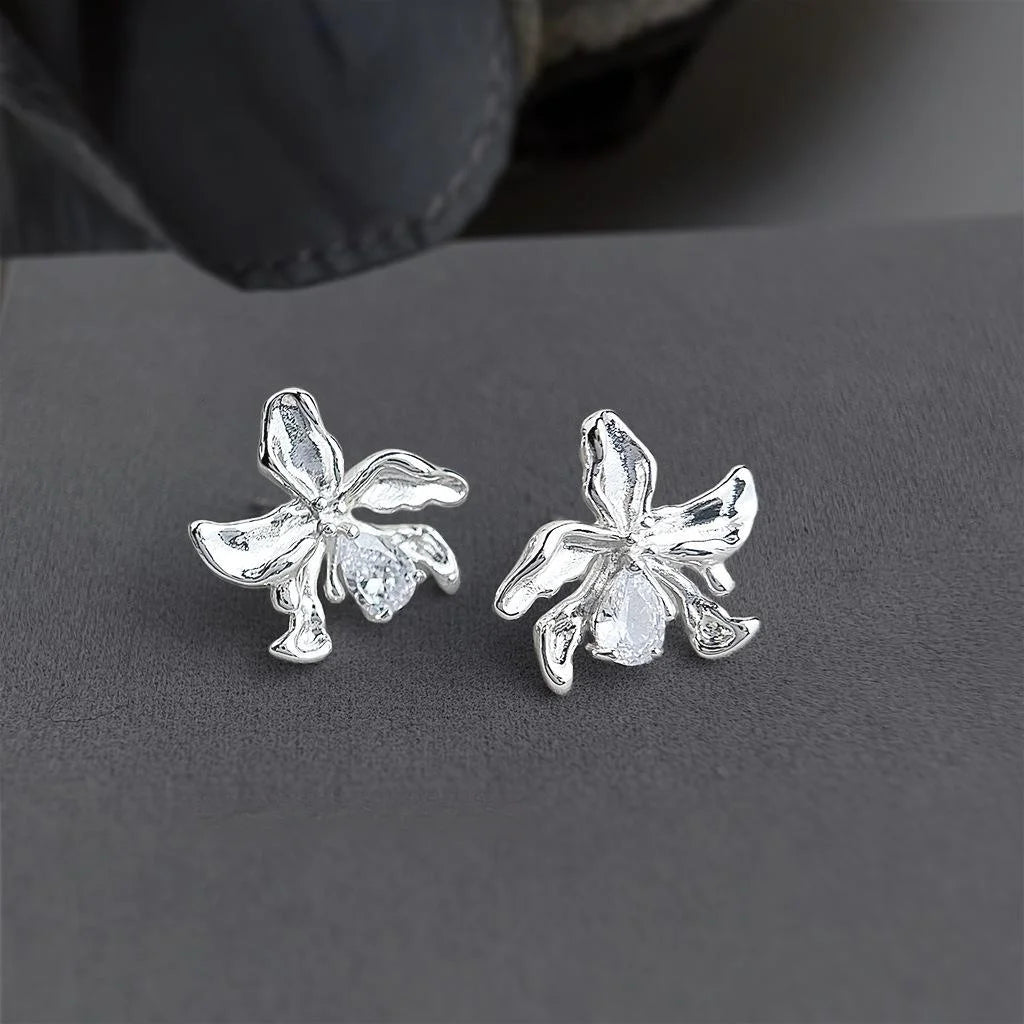 14K Gold Plated Copper Zircon Flower Stud Earrings Irregular Light Luxury Sweet Cool Jewelry