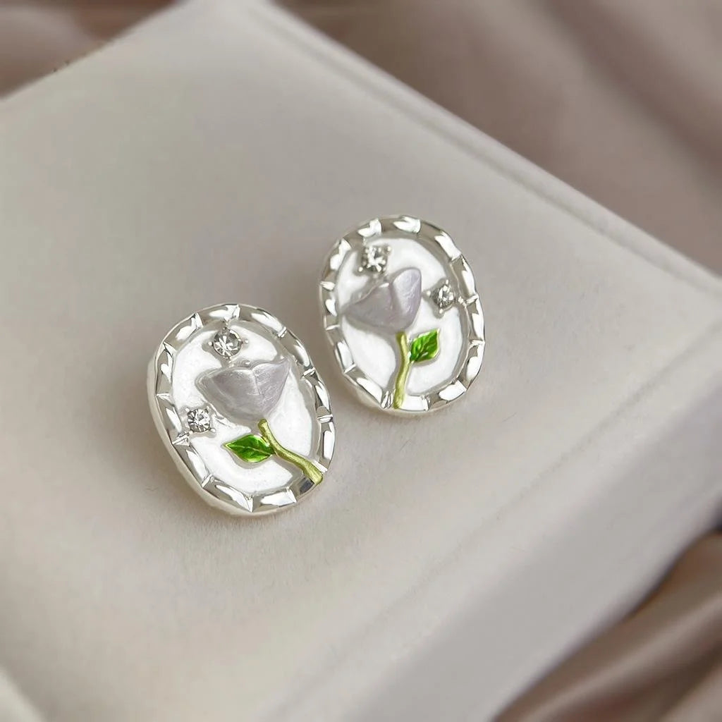 Fresh Sweet Hand Painted Enamel Tulip Flower Eco Copper Stud Earrings For Women Daily Commute