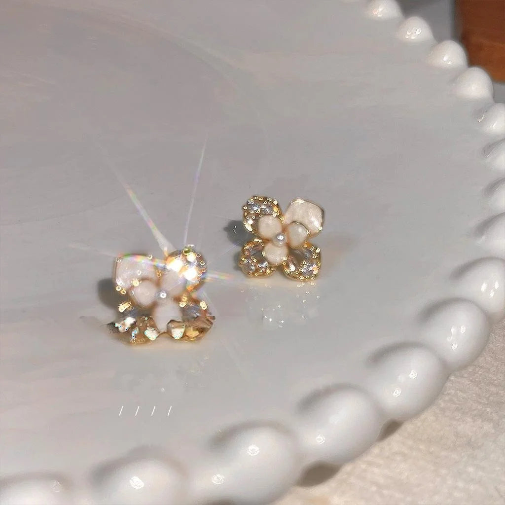 Sweet Floral Stud Earrings 14K Gold Plated Copper Micro Pave Zircon Enamel Flower Design
