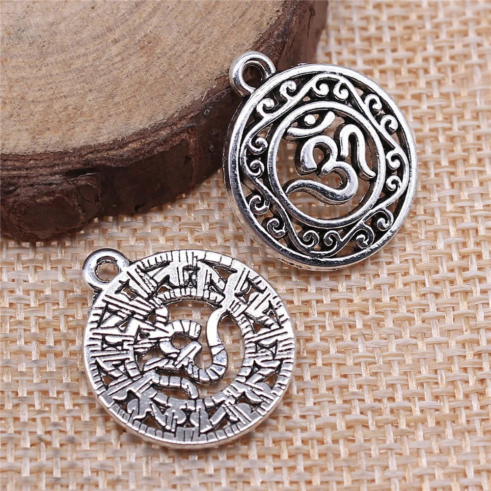 22x19mm 2.4g Multicolor Zinc Alloy OM Symbol Round Filigree Ring Hollow Charm Pendant for DIY Yoga Jewelry Making