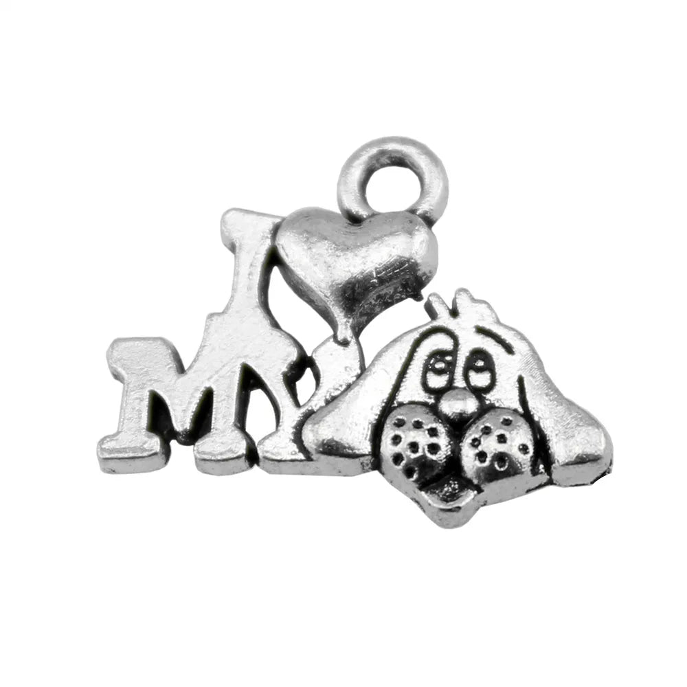 17mm 1g Antique Silver Zinc Alloy I Love My Dog Charm Pendant for DIY Pet Jewelry Making