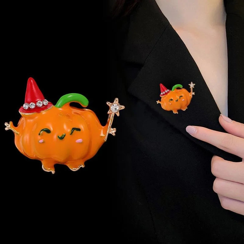 Cute Enamel Pumpkin Witch Brooch With Rhinestone Hat And Magic Wand, Luxury Halloween Lapel Pin Gift